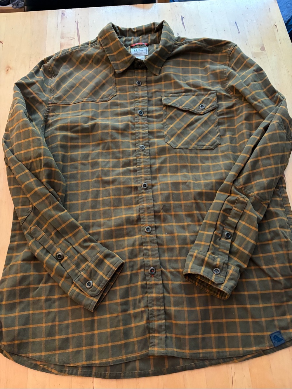 L.L. Bean Olive and Orange Plaid Button-Down Shirt